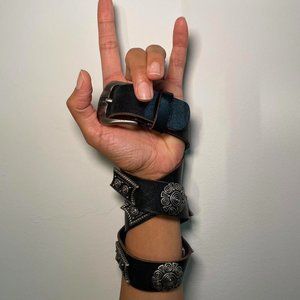 Black Leather Silver Embellished Vintage  Belt